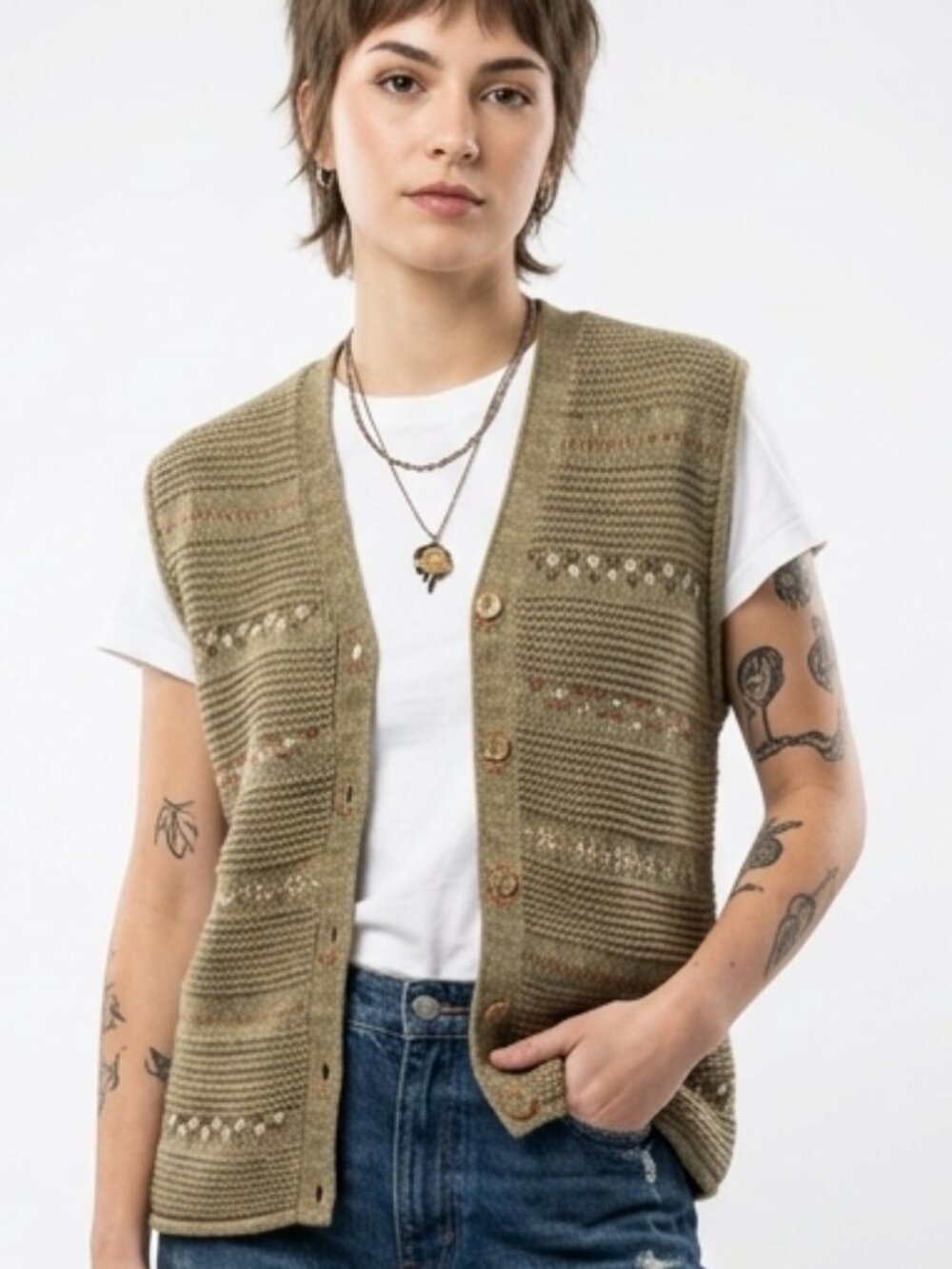 VINTAGE Woolrich Green Knit Cotton Sweater Vest Large
